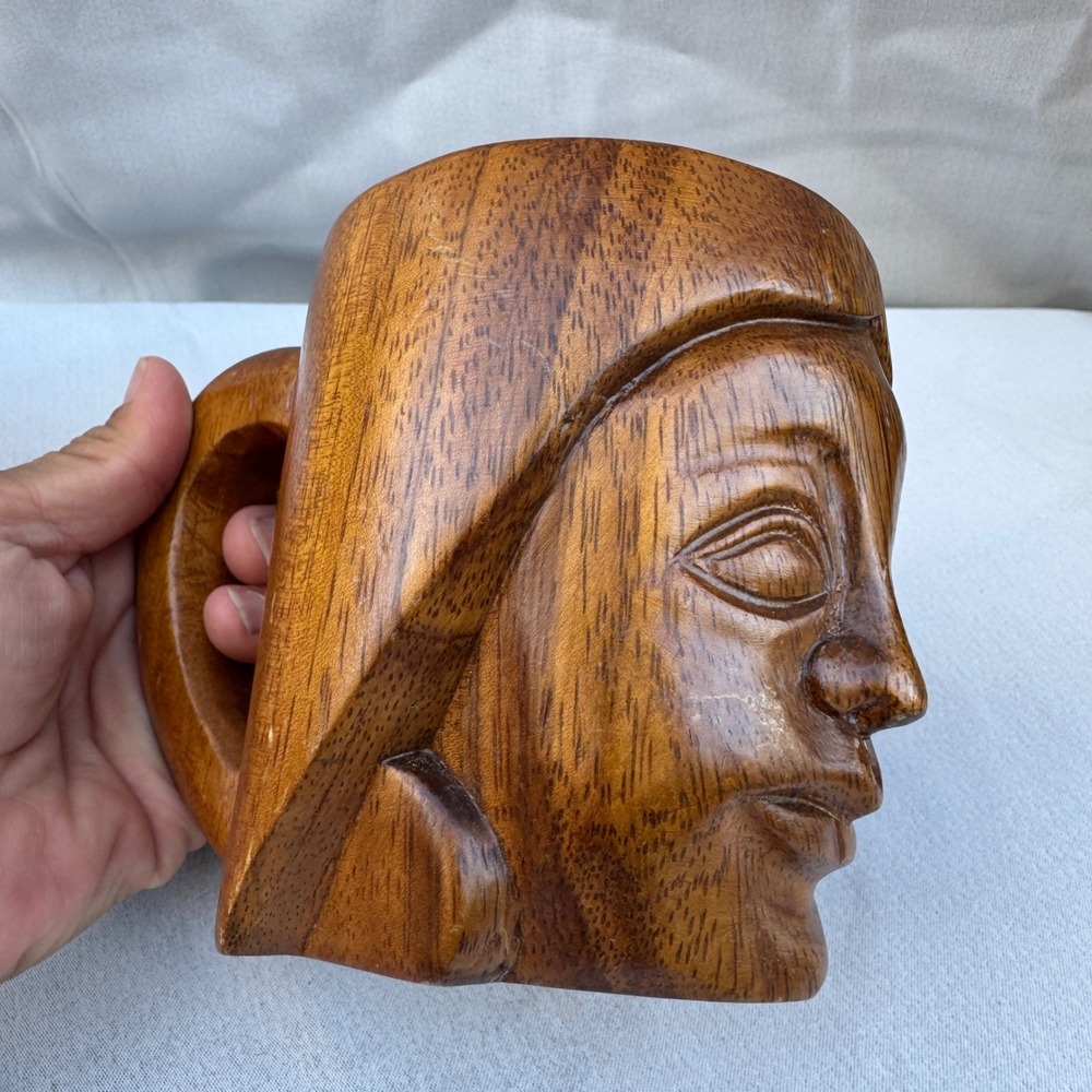 Vintage Hand Carved Wood Face Mug Brown Tribal Tiki Folk Art Boho MCM Sculpture